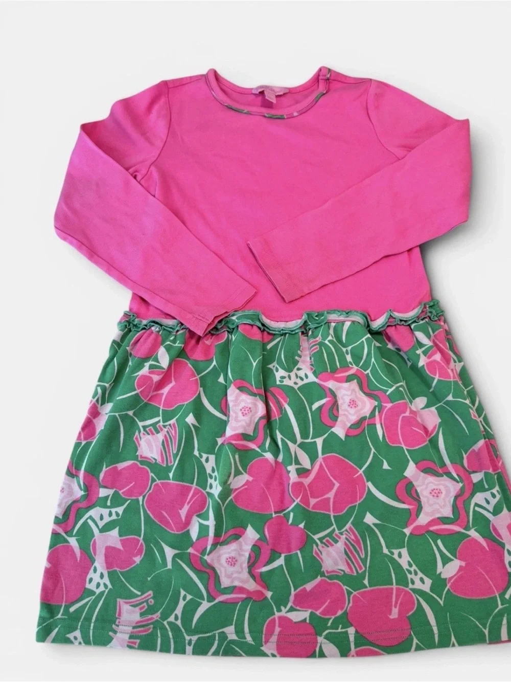 Lilly Pulitzer Girls Dress Size 8 10 Pink Green Floral Long Sleeve Knit Cotton